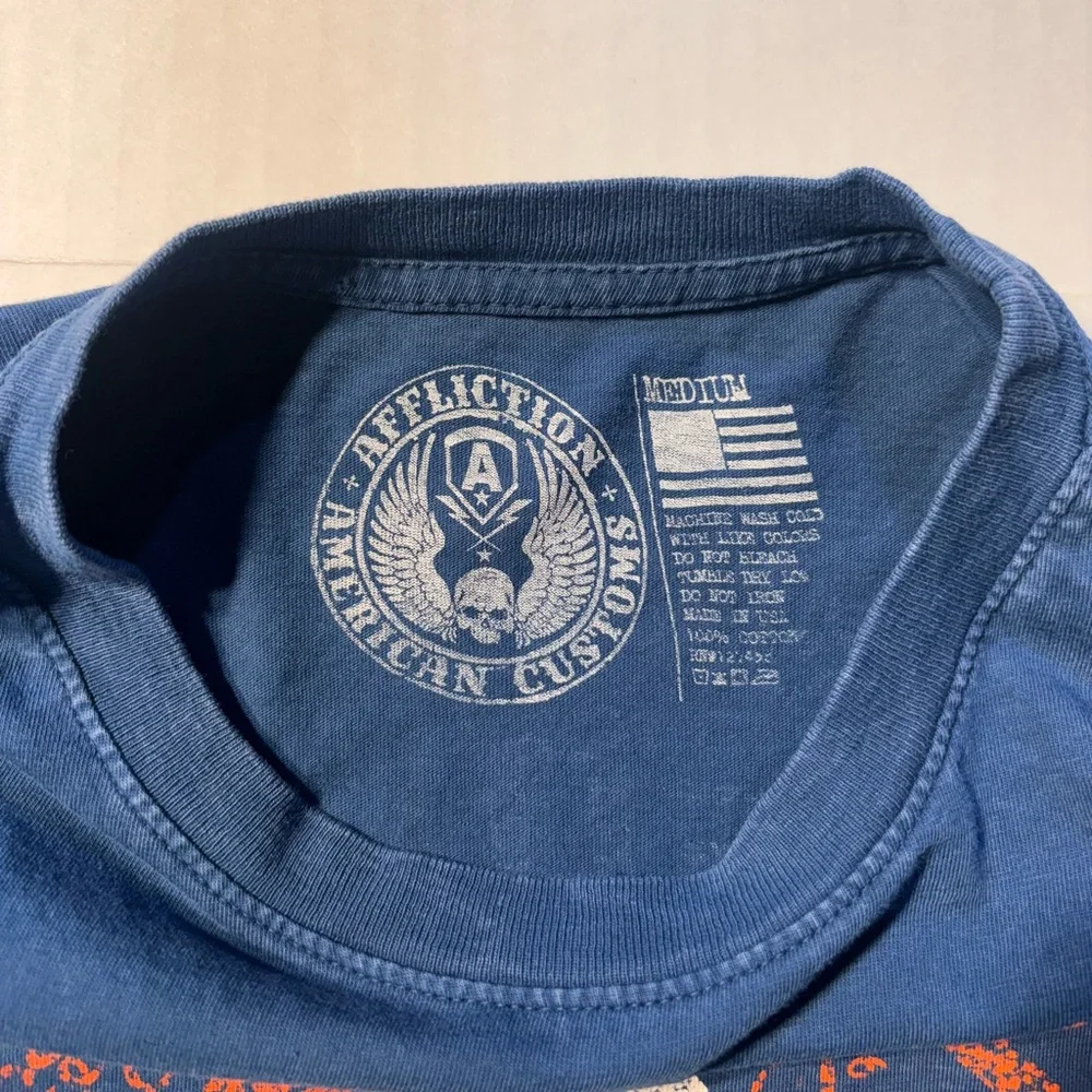 Vtg Affliction American Customs Indian Skull Choppers Y2K Blue Men’s Tshirt Sz M - Picture 4 of 8